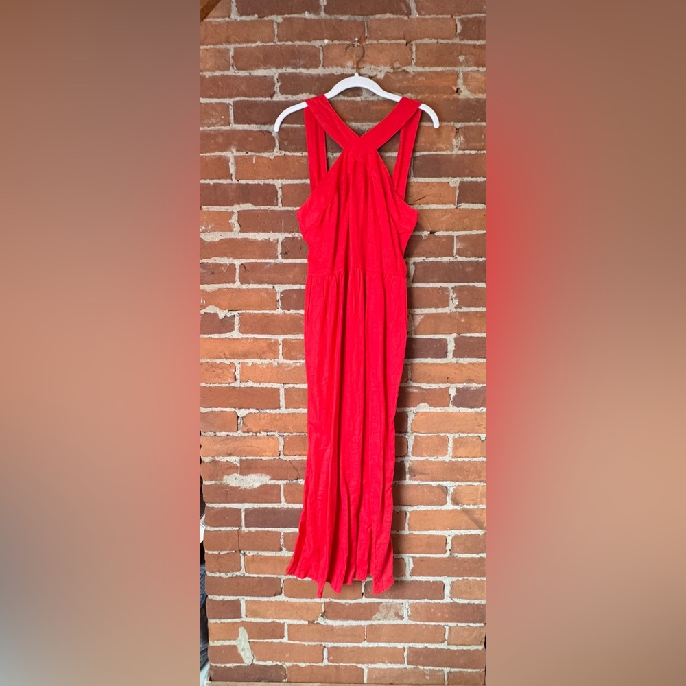Red Linen Sleeveless Midi Dress with Crisscross Back